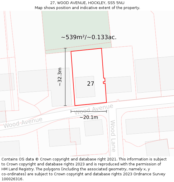 27, WOOD AVENUE, HOCKLEY, SS5 5NU: Plot and title map