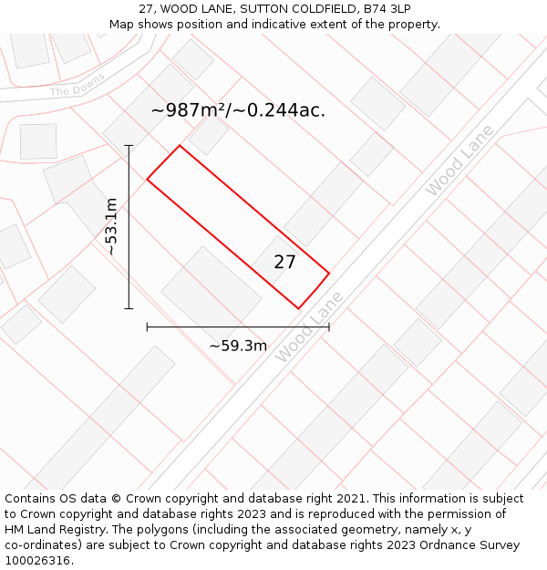 27, WOOD LANE, SUTTON COLDFIELD, B74 3LP: Plot and title map