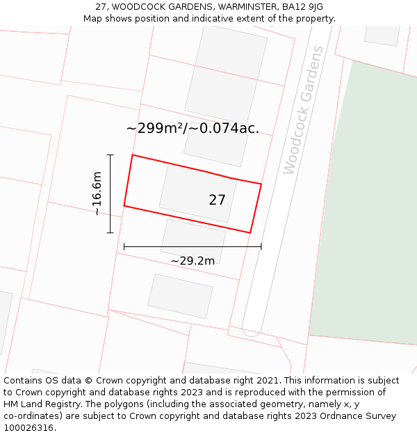 27, WOODCOCK GARDENS, WARMINSTER, BA12 9JG: Plot and title map