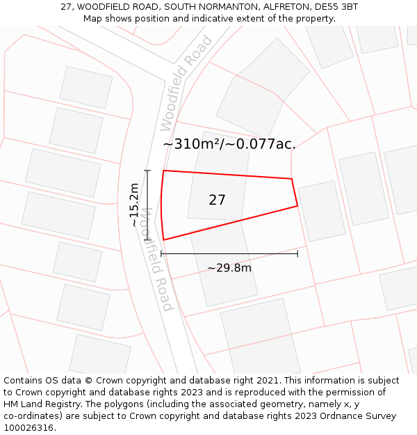 27, WOODFIELD ROAD, SOUTH NORMANTON, ALFRETON, DE55 3BT: Plot and title map