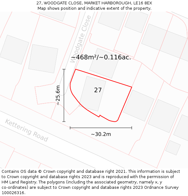 27, WOODGATE CLOSE, MARKET HARBOROUGH, LE16 8EX: Plot and title map