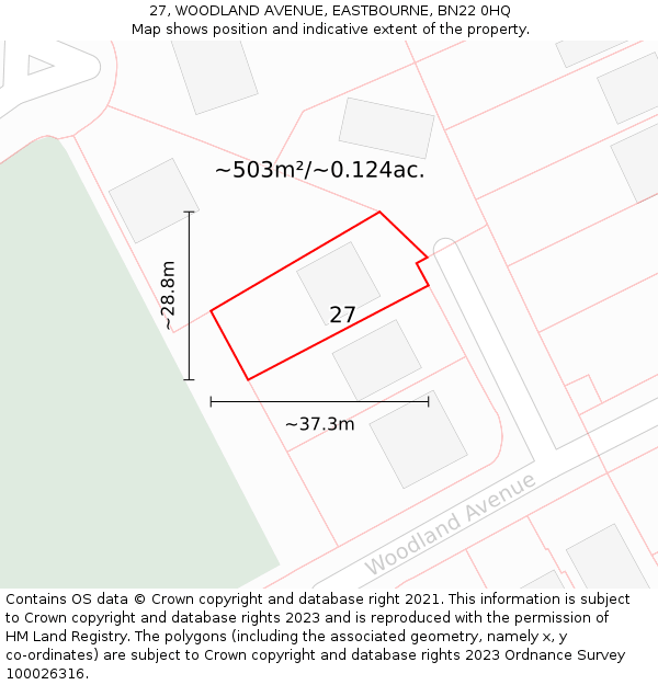 27, WOODLAND AVENUE, EASTBOURNE, BN22 0HQ: Plot and title map