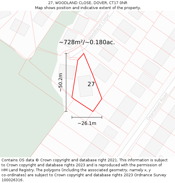 27, WOODLAND CLOSE, DOVER, CT17 0NR: Plot and title map