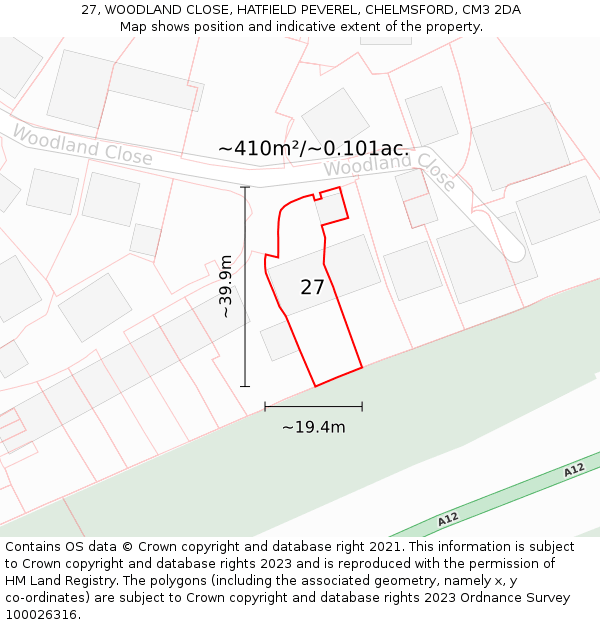 27, WOODLAND CLOSE, HATFIELD PEVEREL, CHELMSFORD, CM3 2DA: Plot and title map
