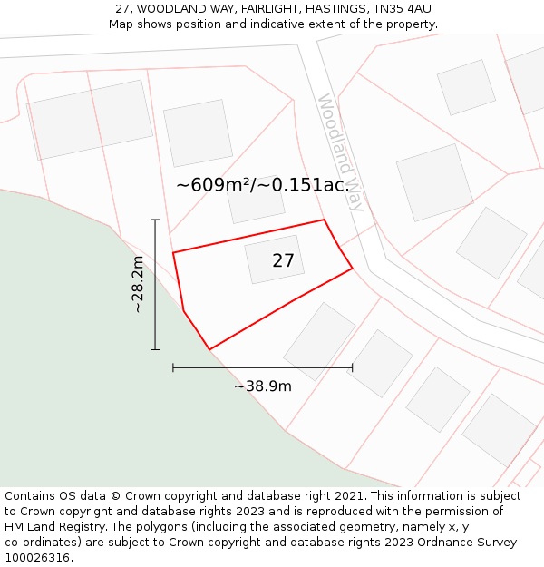 27, WOODLAND WAY, FAIRLIGHT, HASTINGS, TN35 4AU: Plot and title map