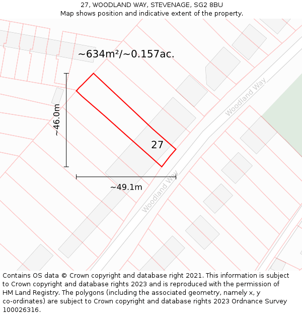 27, WOODLAND WAY, STEVENAGE, SG2 8BU: Plot and title map