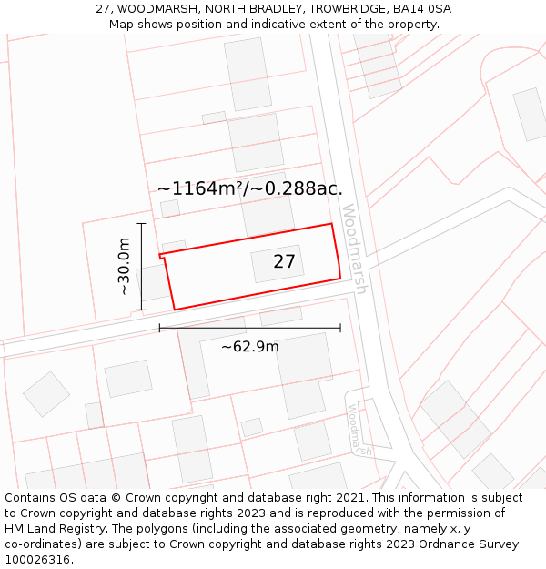 27, WOODMARSH, NORTH BRADLEY, TROWBRIDGE, BA14 0SA: Plot and title map