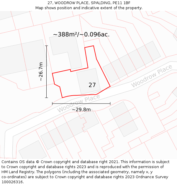27, WOODROW PLACE, SPALDING, PE11 1BF: Plot and title map