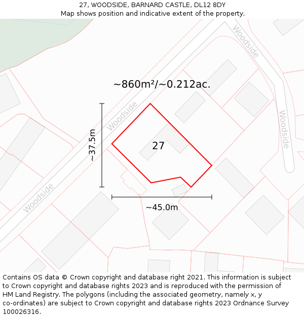 27, WOODSIDE, BARNARD CASTLE, DL12 8DY: Plot and title map