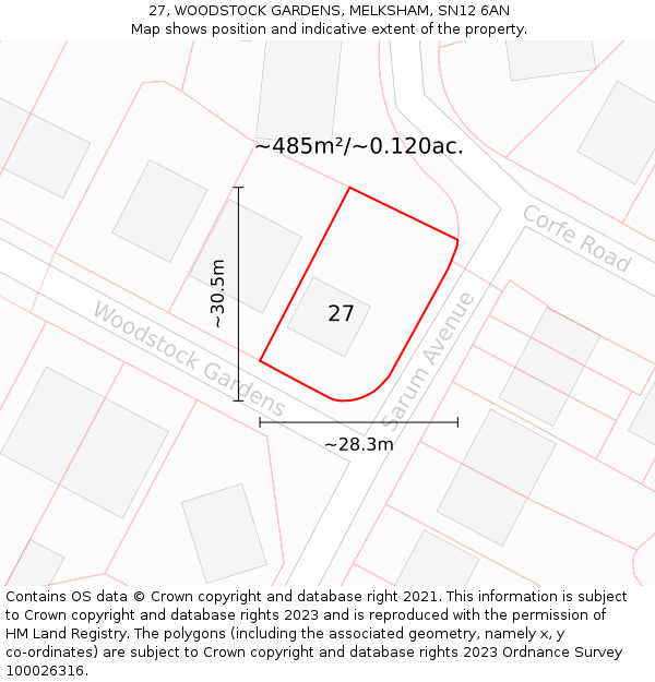 27, WOODSTOCK GARDENS, MELKSHAM, SN12 6AN: Plot and title map