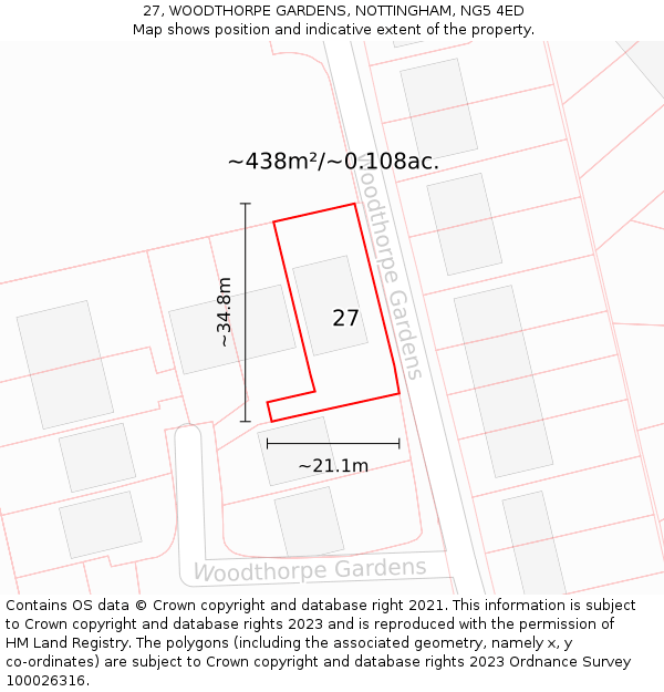 27, WOODTHORPE GARDENS, NOTTINGHAM, NG5 4ED: Plot and title map