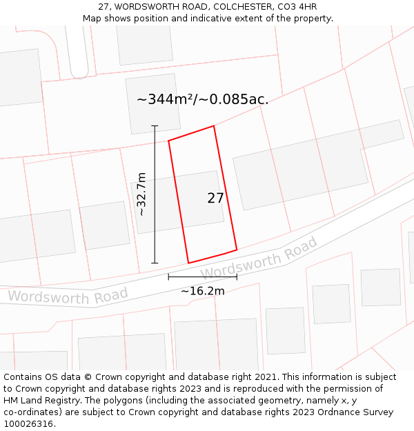27, WORDSWORTH ROAD, COLCHESTER, CO3 4HR: Plot and title map