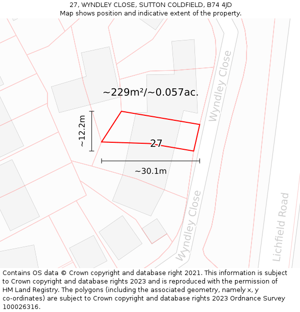 27, WYNDLEY CLOSE, SUTTON COLDFIELD, B74 4JD: Plot and title map