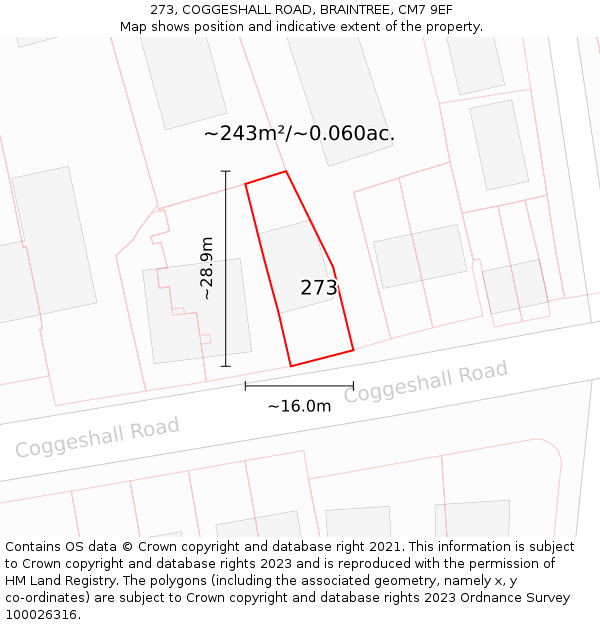 273, COGGESHALL ROAD, BRAINTREE, CM7 9EF: Plot and title map