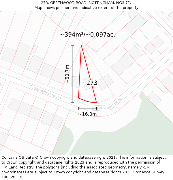 273, GREENWOOD ROAD, NOTTINGHAM, NG3 7FU: Plot and title map