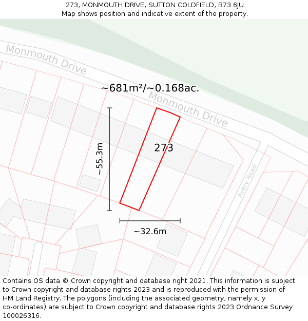 273, MONMOUTH DRIVE, SUTTON COLDFIELD, B73 6JU: Plot and title map