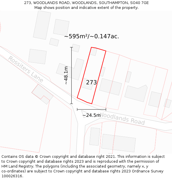 273, WOODLANDS ROAD, WOODLANDS, SOUTHAMPTON, SO40 7GE: Plot and title map