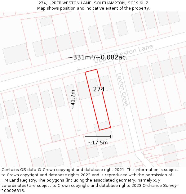 274, UPPER WESTON LANE, SOUTHAMPTON, SO19 9HZ: Plot and title map