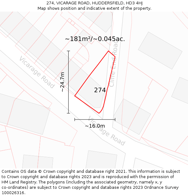 274, VICARAGE ROAD, HUDDERSFIELD, HD3 4HJ: Plot and title map