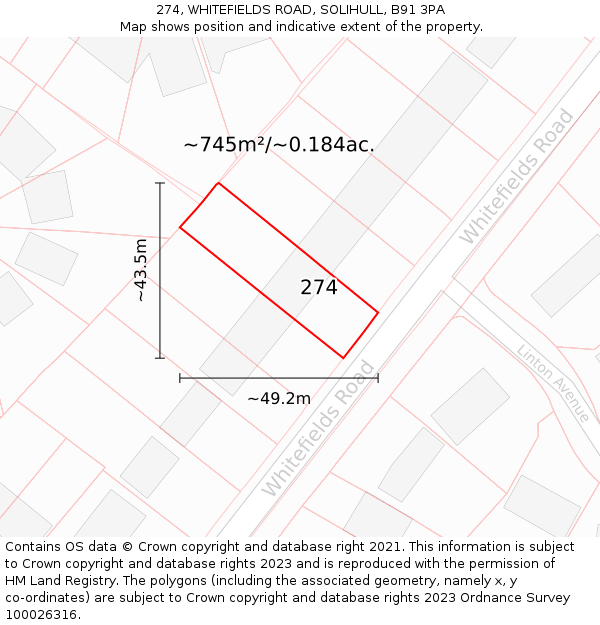 274, WHITEFIELDS ROAD, SOLIHULL, B91 3PA: Plot and title map