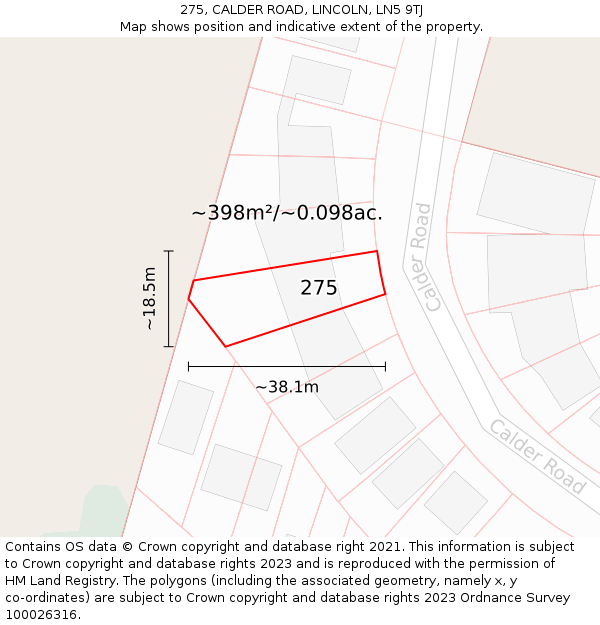 275, CALDER ROAD, LINCOLN, LN5 9TJ: Plot and title map