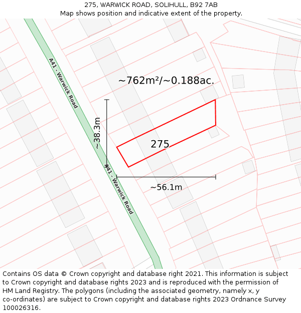 275, WARWICK ROAD, SOLIHULL, B92 7AB: Plot and title map