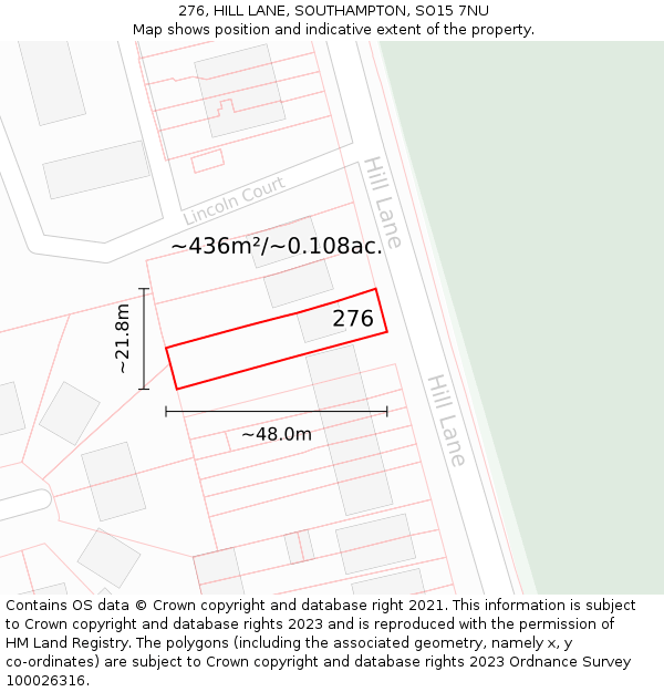 276, HILL LANE, SOUTHAMPTON, SO15 7NU: Plot and title map