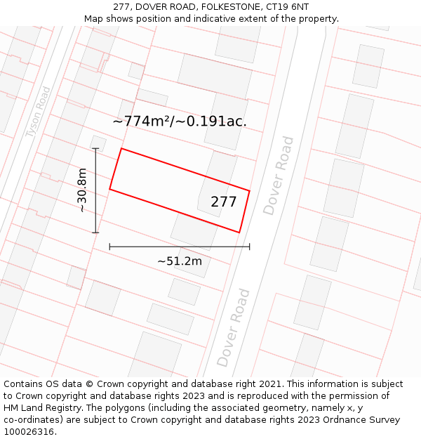 277, DOVER ROAD, FOLKESTONE, CT19 6NT: Plot and title map