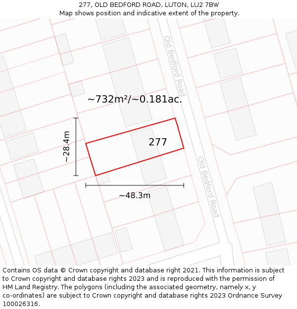 277, OLD BEDFORD ROAD, LUTON, LU2 7BW: Plot and title map