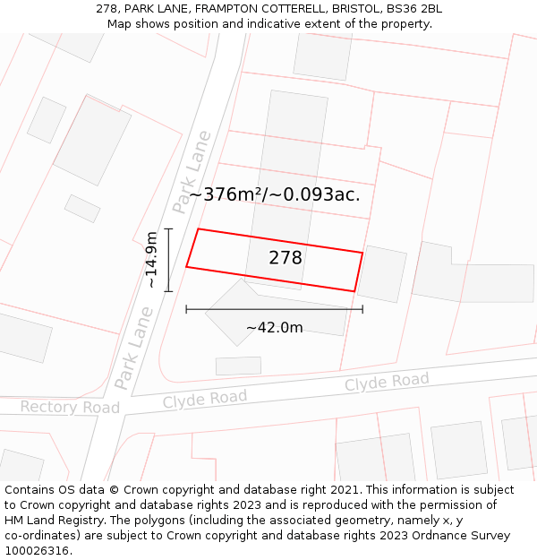 278, PARK LANE, FRAMPTON COTTERELL, BRISTOL, BS36 2BL: Plot and title map