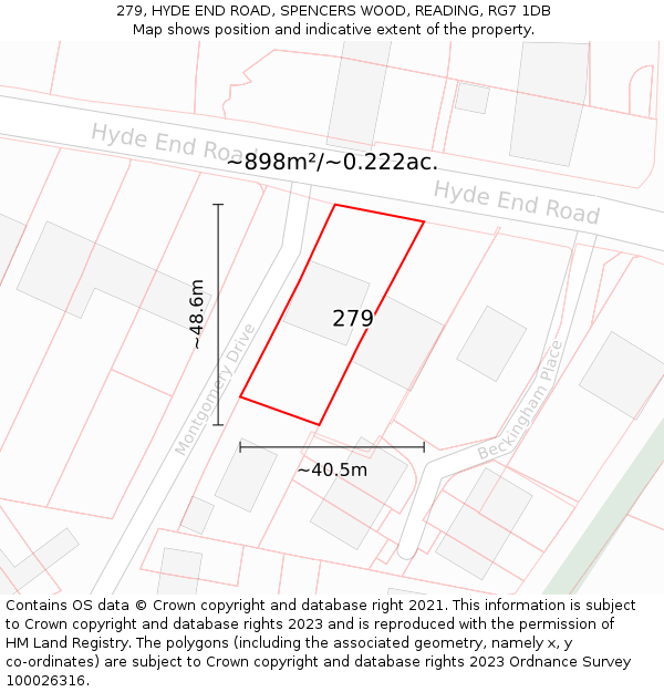 279, HYDE END ROAD, SPENCERS WOOD, READING, RG7 1DB: Plot and title map