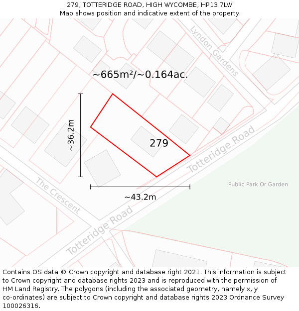 279, TOTTERIDGE ROAD, HIGH WYCOMBE, HP13 7LW: Plot and title map