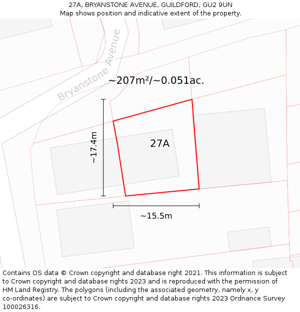 27A, BRYANSTONE AVENUE, GUILDFORD, GU2 9UN: Plot and title map