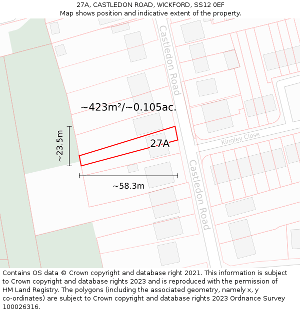 27A, CASTLEDON ROAD, WICKFORD, SS12 0EF: Plot and title map