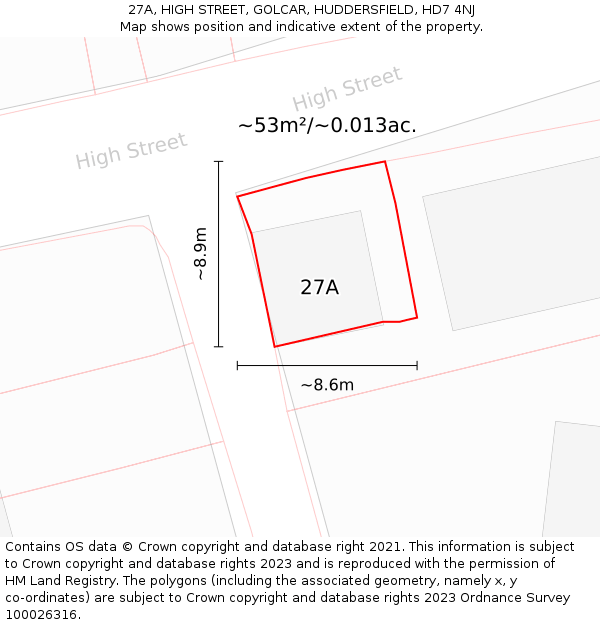 27A, HIGH STREET, GOLCAR, HUDDERSFIELD, HD7 4NJ: Plot and title map