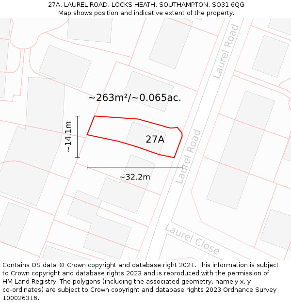 27A, LAUREL ROAD, LOCKS HEATH, SOUTHAMPTON, SO31 6QG: Plot and title map