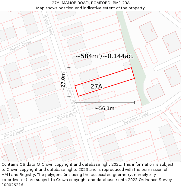 27A, MANOR ROAD, ROMFORD, RM1 2RA: Plot and title map