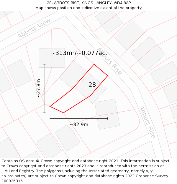 28, ABBOTS RISE, KINGS LANGLEY, WD4 8AP: Plot and title map