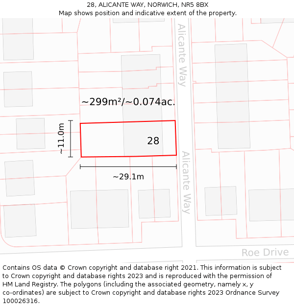 28, ALICANTE WAY, NORWICH, NR5 8BX: Plot and title map