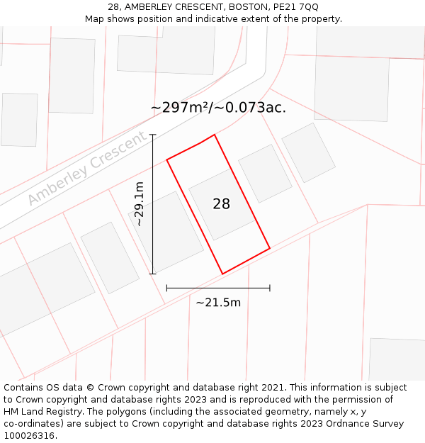 28, AMBERLEY CRESCENT, BOSTON, PE21 7QQ: Plot and title map