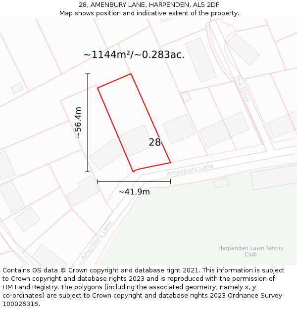 28, AMENBURY LANE, HARPENDEN, AL5 2DF: Plot and title map