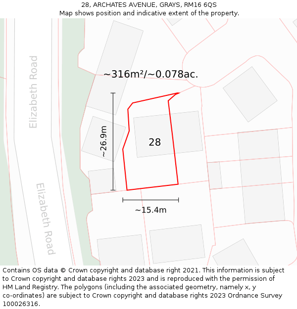 28, ARCHATES AVENUE, GRAYS, RM16 6QS: Plot and title map