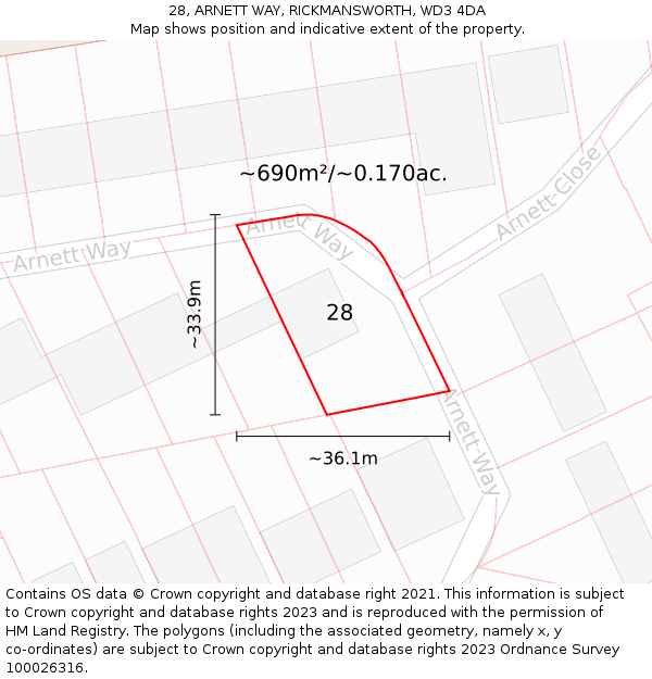 28, ARNETT WAY, RICKMANSWORTH, WD3 4DA: Plot and title map