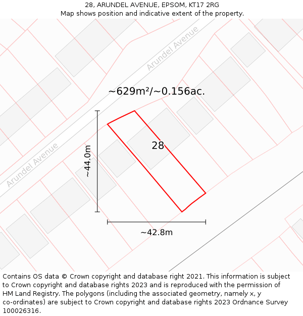 28, ARUNDEL AVENUE, EPSOM, KT17 2RG: Plot and title map