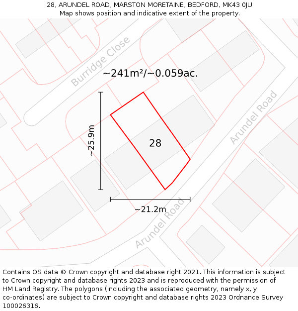 28, ARUNDEL ROAD, MARSTON MORETAINE, BEDFORD, MK43 0JU: Plot and title map