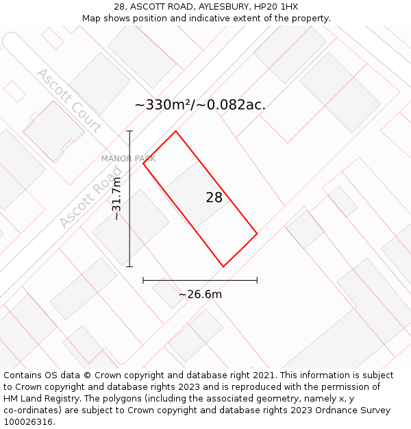 28, ASCOTT ROAD, AYLESBURY, HP20 1HX: Plot and title map