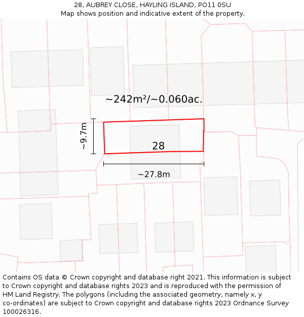 28, AUBREY CLOSE, HAYLING ISLAND, PO11 0SU: Plot and title map