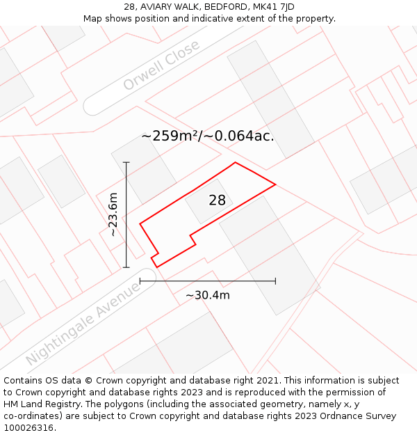 28, AVIARY WALK, BEDFORD, MK41 7JD: Plot and title map