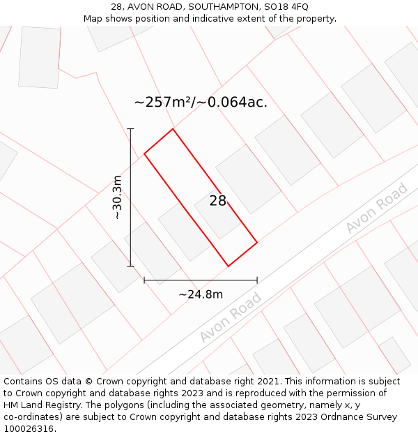 28, AVON ROAD, SOUTHAMPTON, SO18 4FQ: Plot and title map