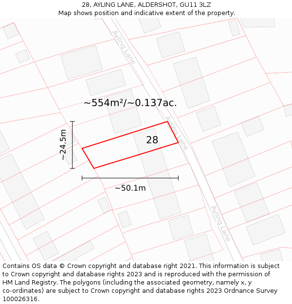 28, AYLING LANE, ALDERSHOT, GU11 3LZ: Plot and title map